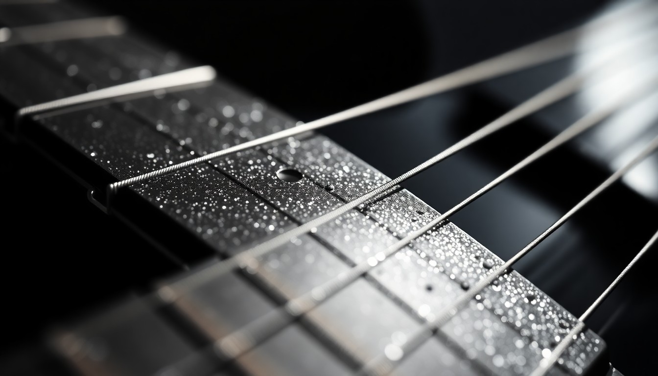 An extreme close-up photograph of a guitar string's intricate, glittering texture, captured in dramatic studio lighting to create a high-fashion, luxurious aesthetic.