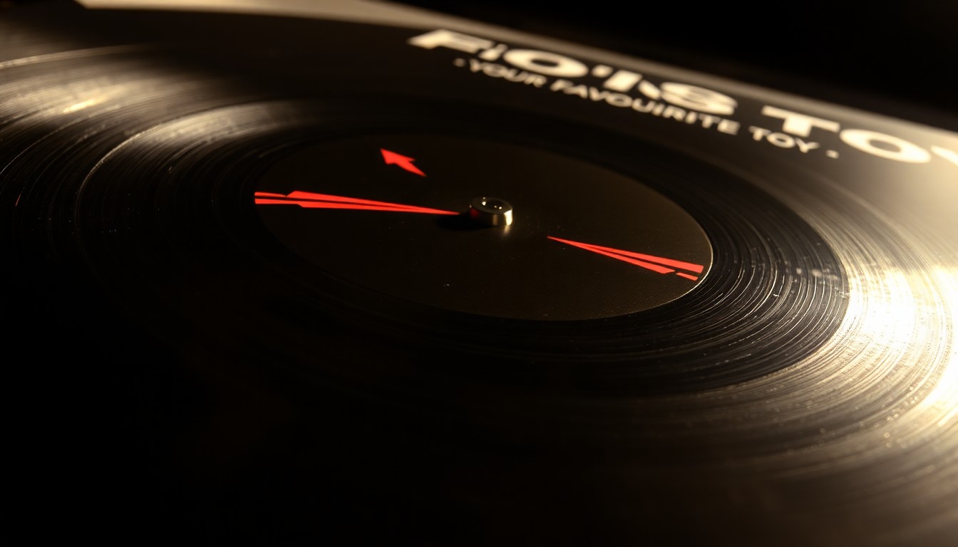 An abstract close-up photograph of the glossy, reflective surface of a vinyl record and its ornate album sleeve, captured in dramatic high-contrast lighting to create a sense of glamour and luxury.