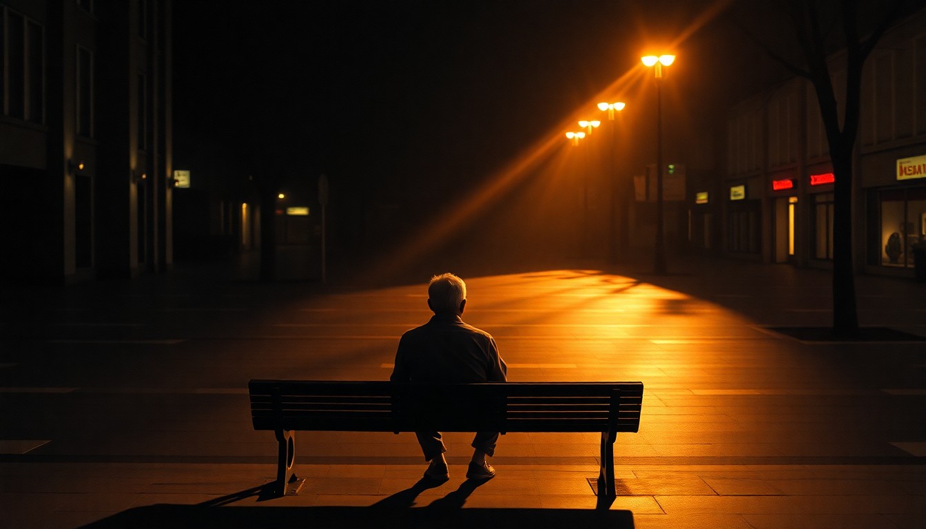 A pensive, elderly immigrant man sitting alone on a bench in a dimly lit urban plaza, the warm sunlight casting deep shadows across his weathered face, conveying the loneliness and uncertainty faced by many during the immigration crackdown.
