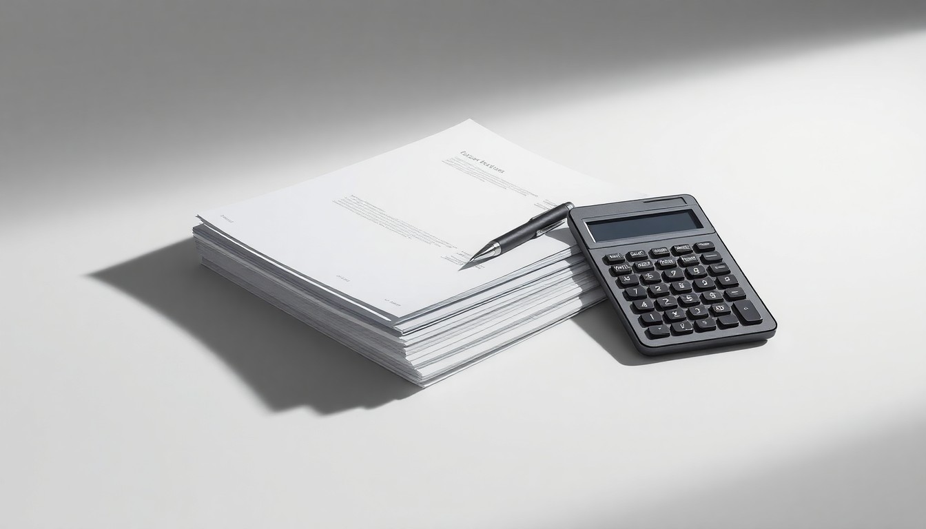 A minimalist studio still life photograph featuring a stack of business documents, a pen, and a calculator arranged elegantly on a clean, monochromatic background, conveying the abstract concepts of corporate strategy and growth.