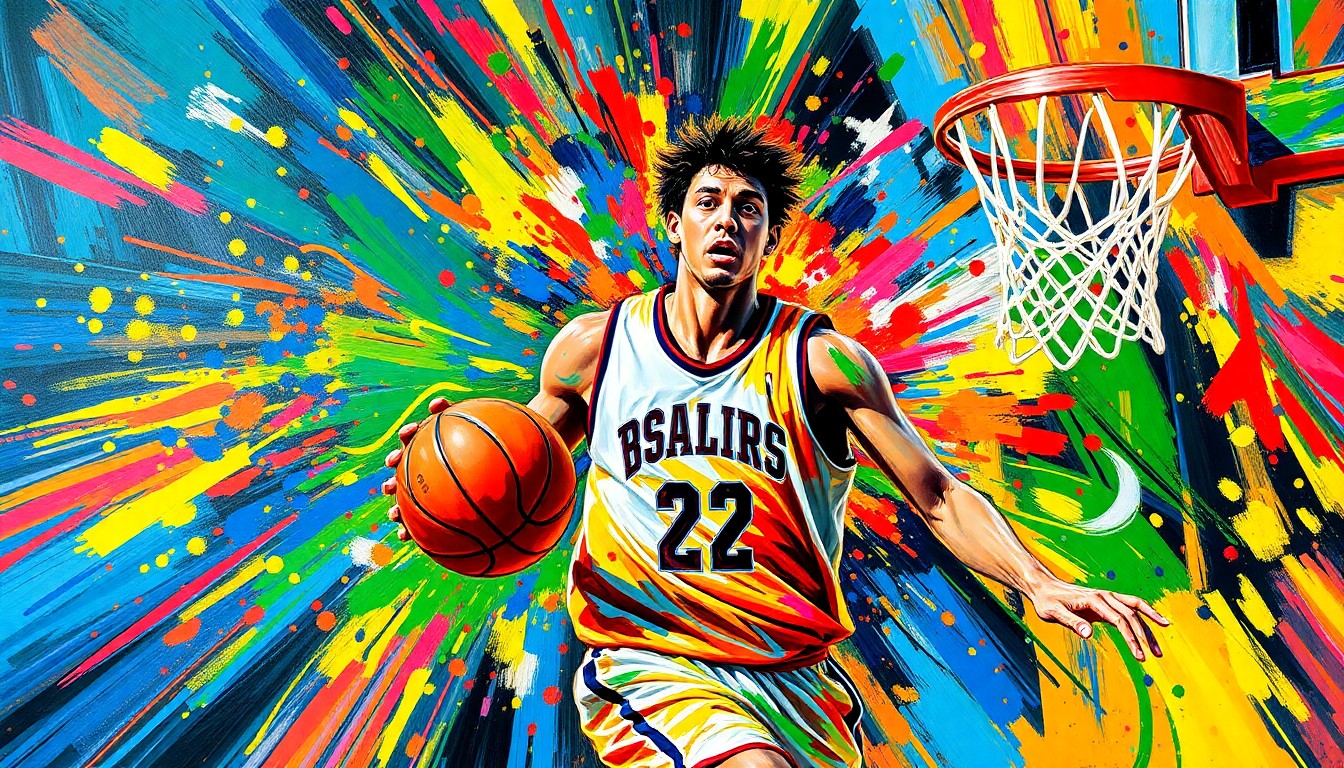 An extreme close-up of a high school basketball player driving to the hoop, their face and jersey dissolving into unrecognizable splatters of neon paint, capturing the raw energy and dynamism of the sport.