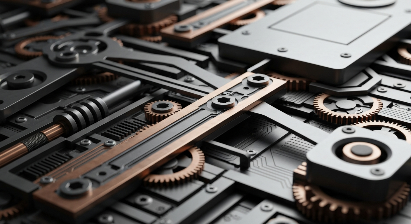 An extreme close-up of intricate banking machinery and mechanisms, such as gears, levers, and circuits, in shades of steel gray, copper, and black, conceptually representing the complex inner workings of the financial industry.