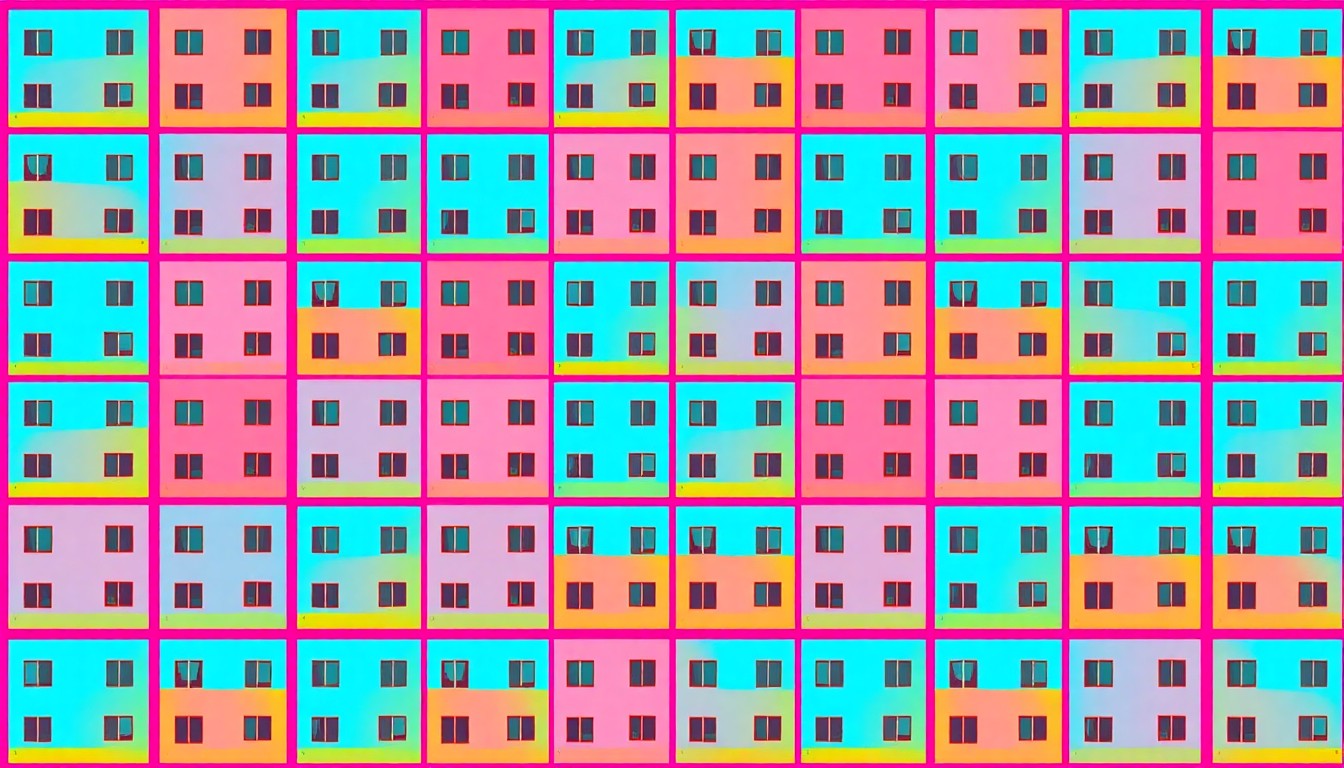A repeating grid of stylized apartment building icons in bright neon colors, conceptually representing the new affordable housing project coming to Tucson.