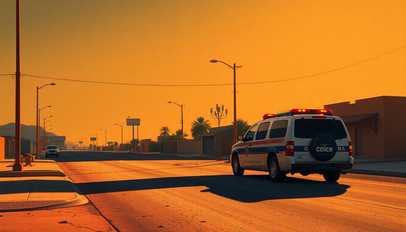 A serene, photorealistic painting of a government vehicle parked alone on a quiet street in Surprise, Arizona, with the warm glow of the sun casting long shadows across the pavement, conveying a sense of contemplation and unease about the facility's impact on the community.