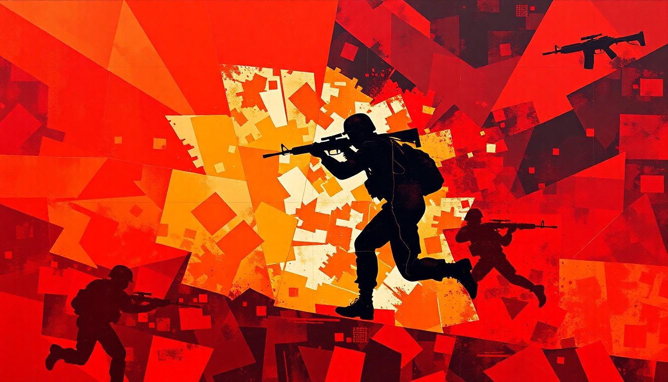 A fractured, abstract painting in fiery shades of red, orange, and black depicting the silhouette of a running soldier, conveying the frantic energy and chaos of war.