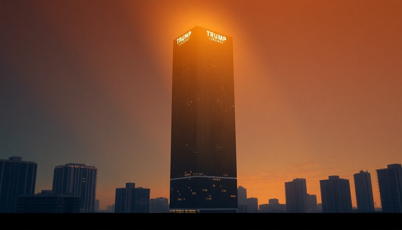 A cinematic painting of a towering glass building with the Trump name illuminated at the top, set against the backdrop of the Miami skyline. The building is bathed in warm, diagonal sunlight and deep shadows, creating a nostalgic, contemplative mood.
