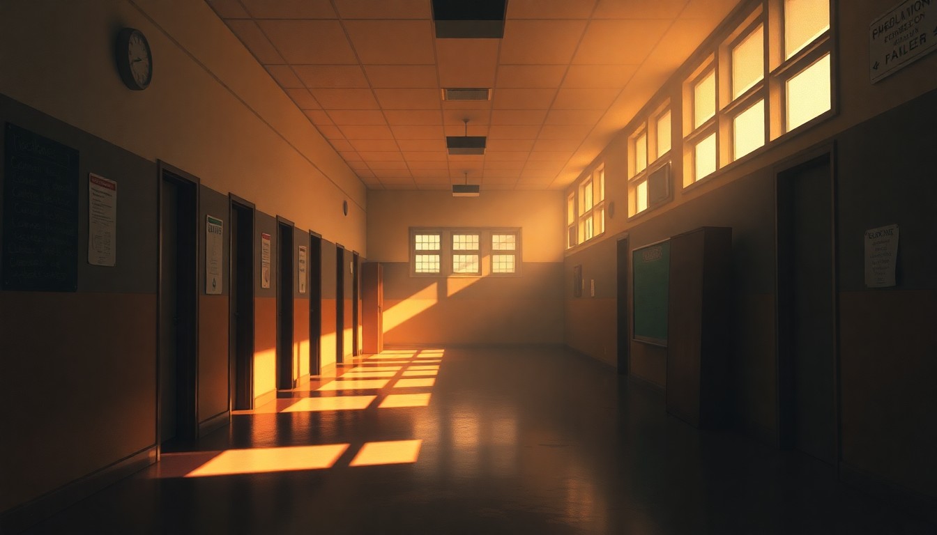 A dimly lit, empty school hallway with sunlight streaming in through the windows, creating long shadows and a sense of abandonment and neglect.