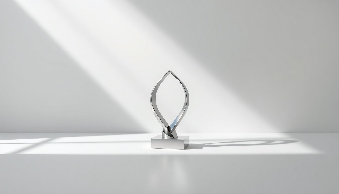 A high-end, photorealistic studio still-life photograph featuring a polished, geometric metal sculpture or abstract corporate object, such as a sleek trophy or minimalist trophy, arranged elegantly on a clean, monochromatic seamless background. The object is lit dramatically with sharp shadows, conceptually representing SPAR Group's strategic focus and operational efficiency.