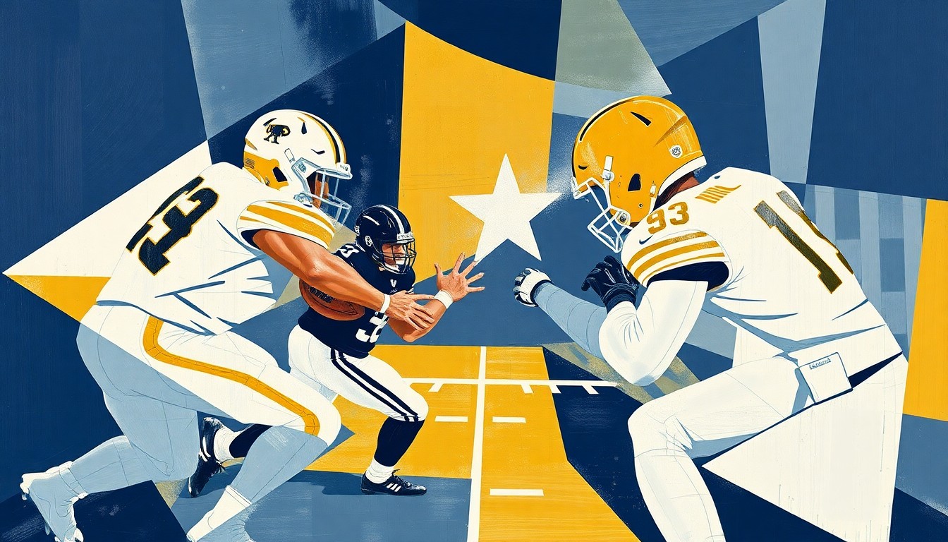 A cubist, geometric painting depicting a fragmented football scene, with sharp planes of navy blue, gold, and white representing the competition and strategy involved in the Rams' quarterback situation.