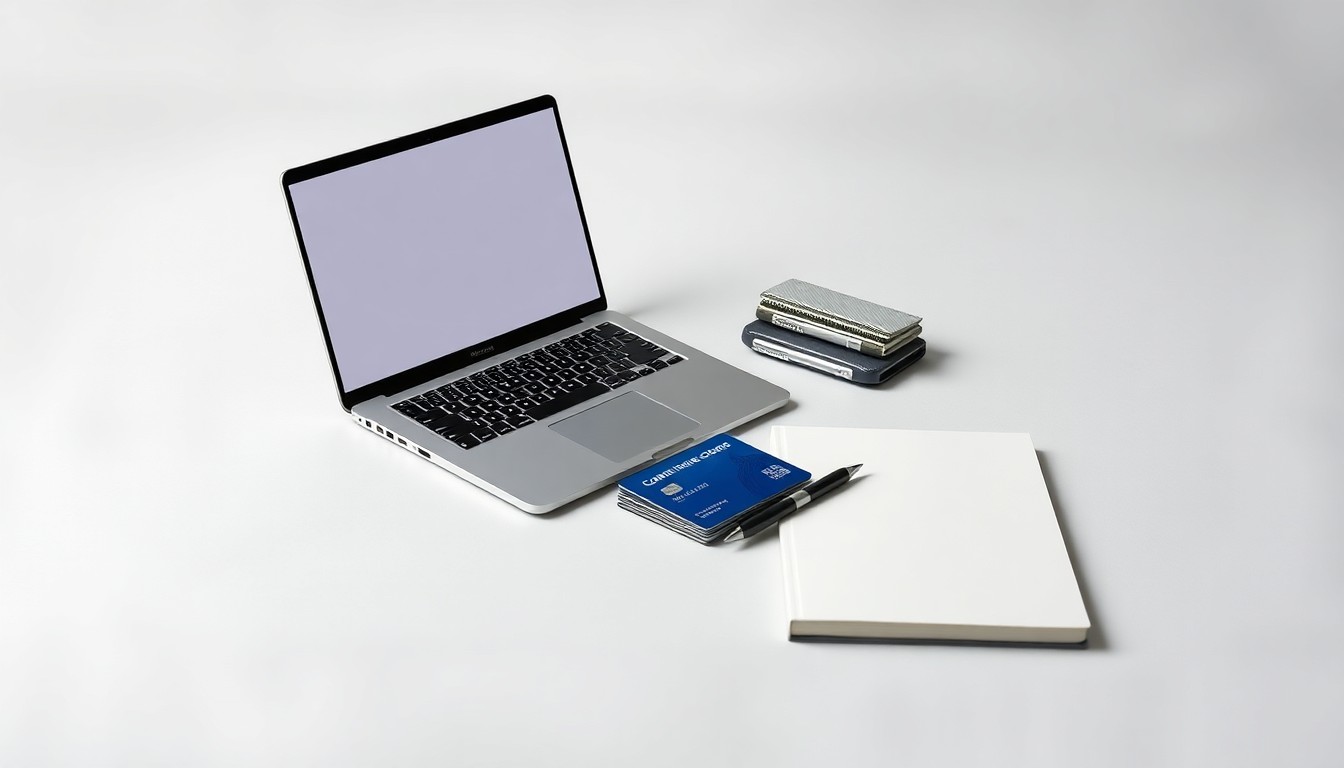 A photorealistic studio still-life featuring a stack of credit cards, a laptop, and a small business owner's notebook arranged on a clean, monochromatic background, symbolizing the integration of financial services and e-commerce tools for small enterprises.