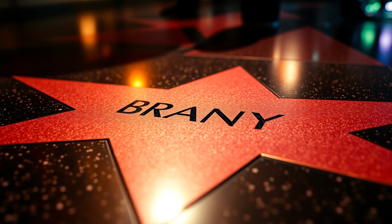 An extreme close-up photograph of a shiny, metallic Hollywood Walk of Fame star, the surface reflecting dramatic lighting and casting dramatic shadows, conceptually representing the prestigious honor bestowed upon Brandy for her remarkable career.