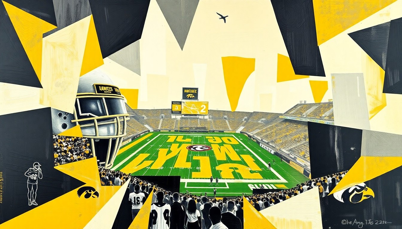 A cubist, geometric painting in black, gold, and white, depicting fragmented and overlapping shapes that represent the various elements of a college football game, conceptually illustrating the strategic changes to the University of Iowa's coaching staff.