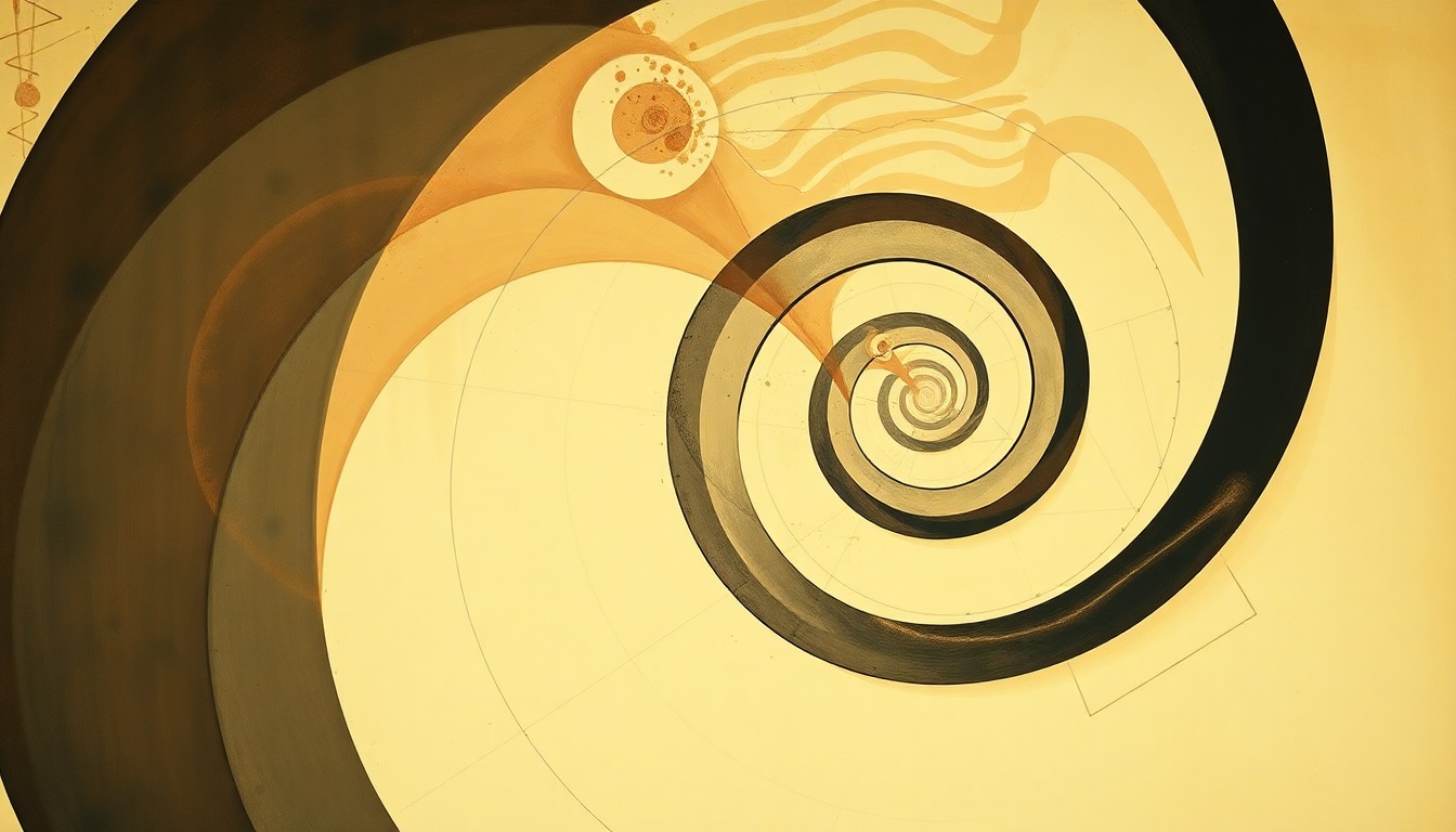 A highly textured, abstract painting in soft greens, browns, and blues, featuring sweeping geometric shapes and precise botanical spirals, conceptually representing the complex genetic and biological forces involved in treating rare liver disorders.