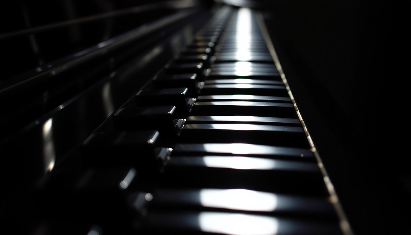An abstract close-up photograph of a piano keyboard, with the keys reflecting dramatic, high-contrast lighting to create a glamorous, high-fashion aesthetic.