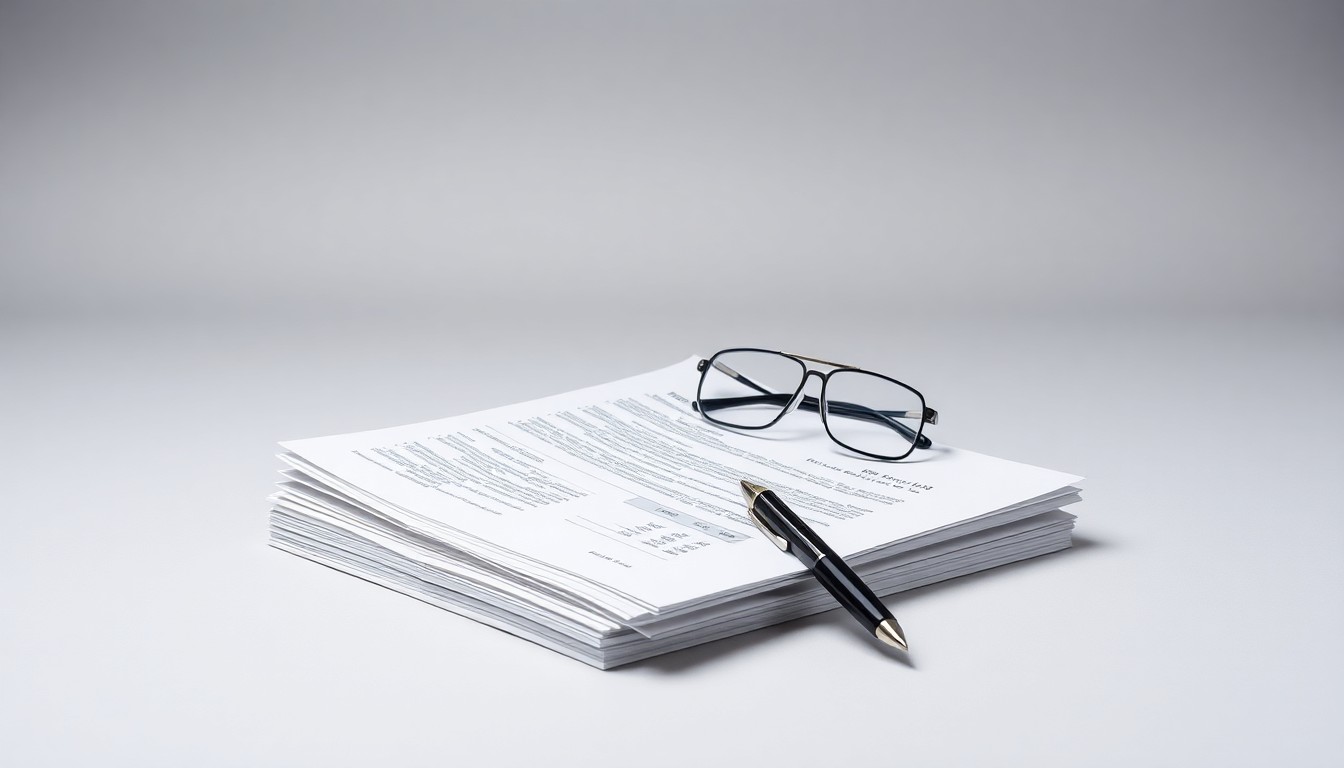 A minimalist studio still life photograph featuring a stack of financial documents, a pen, and a pair of reading glasses arranged elegantly on a clean, monochromatic background, representing the abstract concepts of corporate strategy and finance.