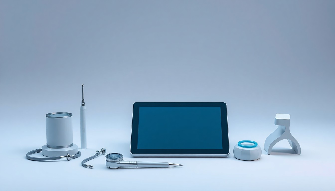 A minimalist, photorealistic studio still life featuring a sleek tablet device and medical diagnostic tools arranged elegantly on a clean, monochromatic background, conceptually representing the integration of digital health technologies into government-sponsored healthcare programs.