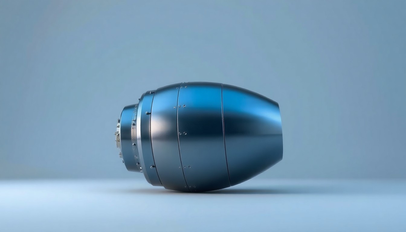 A photorealistic studio photograph of a smooth, metallic aerospace component or satellite part in shades of cool grey and blue, conveying the precision and innovation of L3Harris' defense technology.