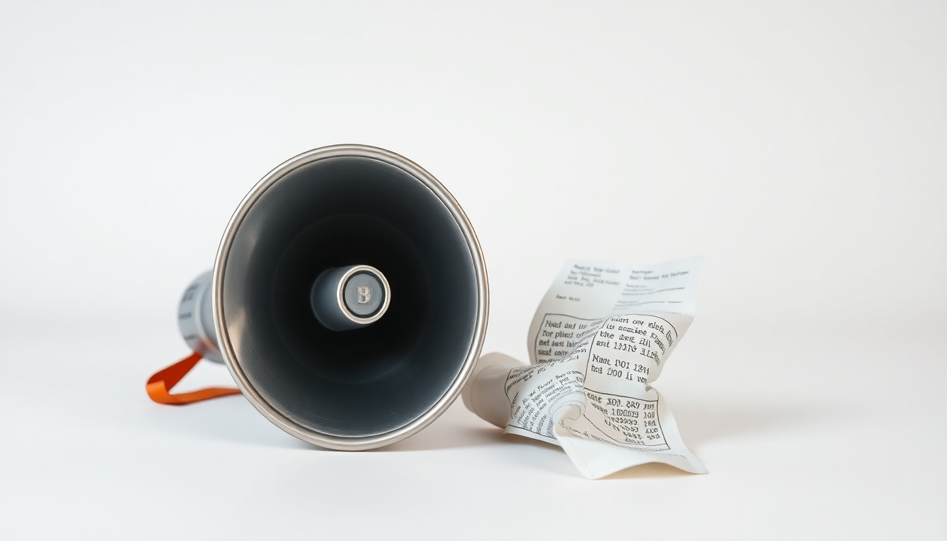 A photorealistic studio still life featuring a shiny metal megaphone and a crumpled receipt on a clean white background, conceptually representing the need for consumers to have a voice and platform to share their experiences.
