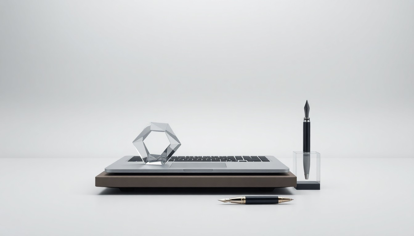 A high-end, photorealistic studio still-life photograph featuring a sleek, modern laptop computer, a stylized geometric paperweight, and a premium fountain pen arranged elegantly on a clean, monochromatic seamless background, conceptually representing Andersen Consulting's strategic move to enhance its digital capabilities.