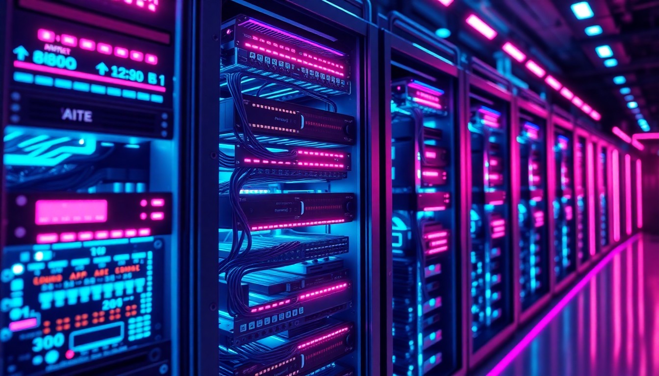 A highly detailed, glowing 3D illustration of a futuristic AI server rack, with neon cyan and magenta lights illuminating the intricate hardware components, conceptually representing the advanced technology behind CBTS's Forge AI platform.