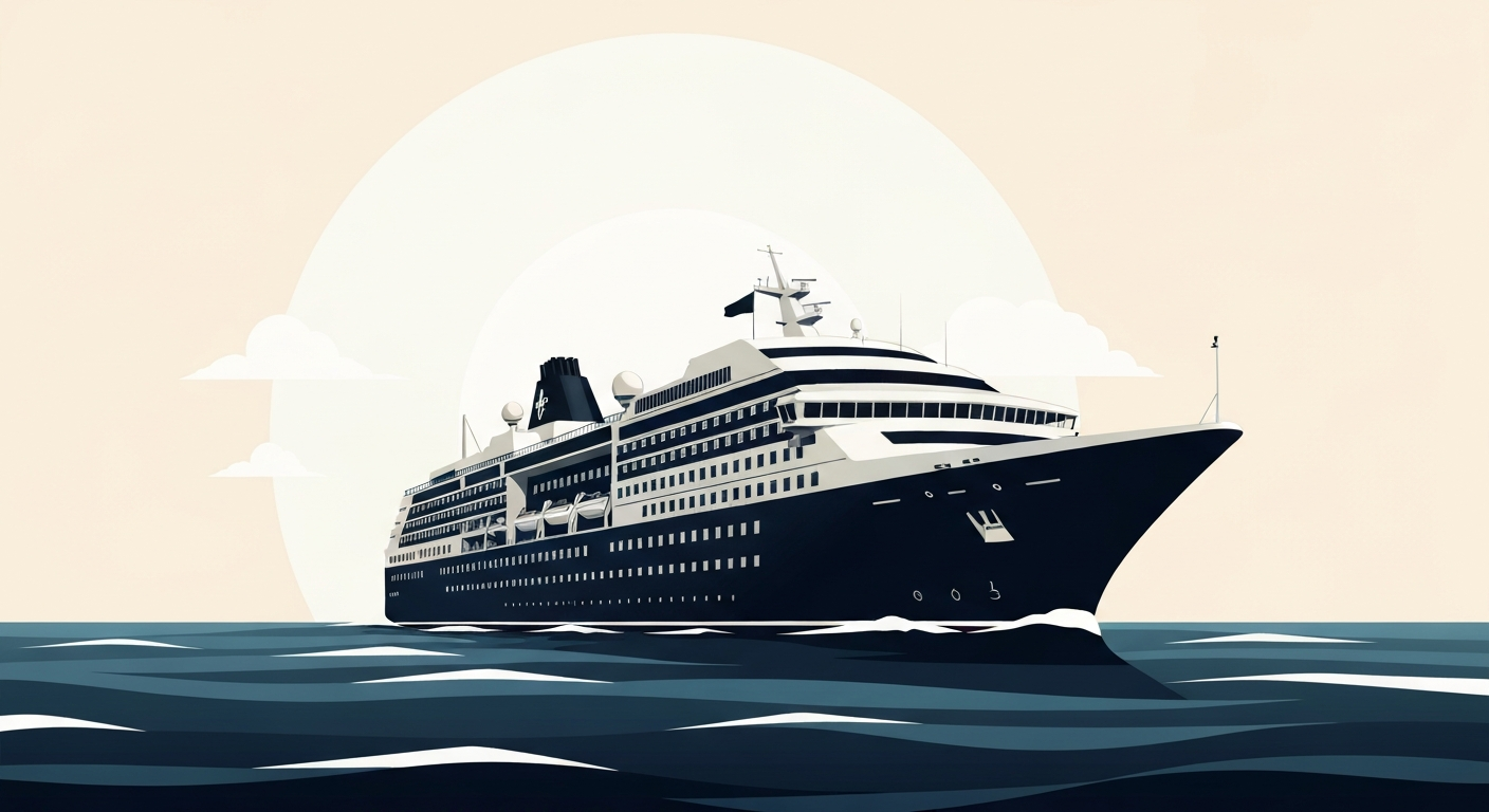 A bold, geometric illustration in the Art Deco style, depicting a sleek, streamlined cruise ship sailing across a vast, open ocean with a minimal, abstract background that evokes a sense of grand scale and the romance of travel.