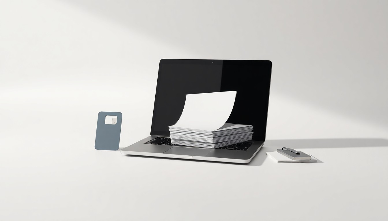 A photorealistic studio still-life photograph featuring a sleek laptop, business documents, and a security token, arranged elegantly on a clean background to symbolize corporate data security.