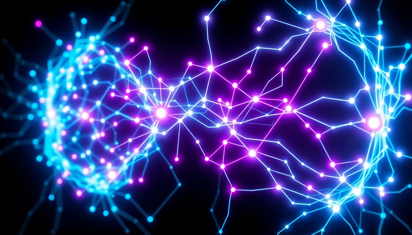 A highly detailed, three-dimensional illustration of a complex neural network, with glowing neon cyan and magenta lines and shapes representing the flow of data, set against a dark, shadowy background, conveying the powerful yet enigmatic nature of AI technology.