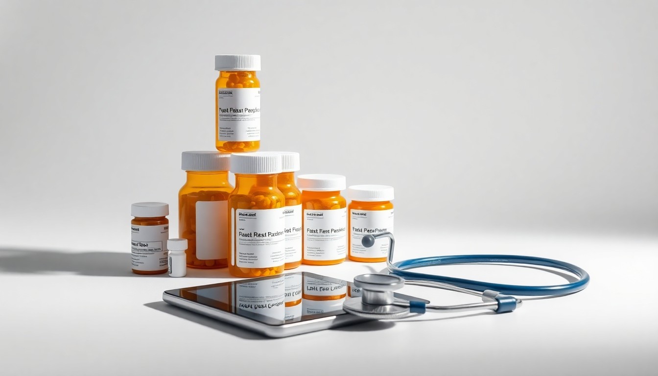 A minimalist studio still life photograph featuring a stack of prescription bottles, a tablet device, and a stethoscope arranged on a clean white background, conceptually representing the complex challenges of modern pharmacy management.