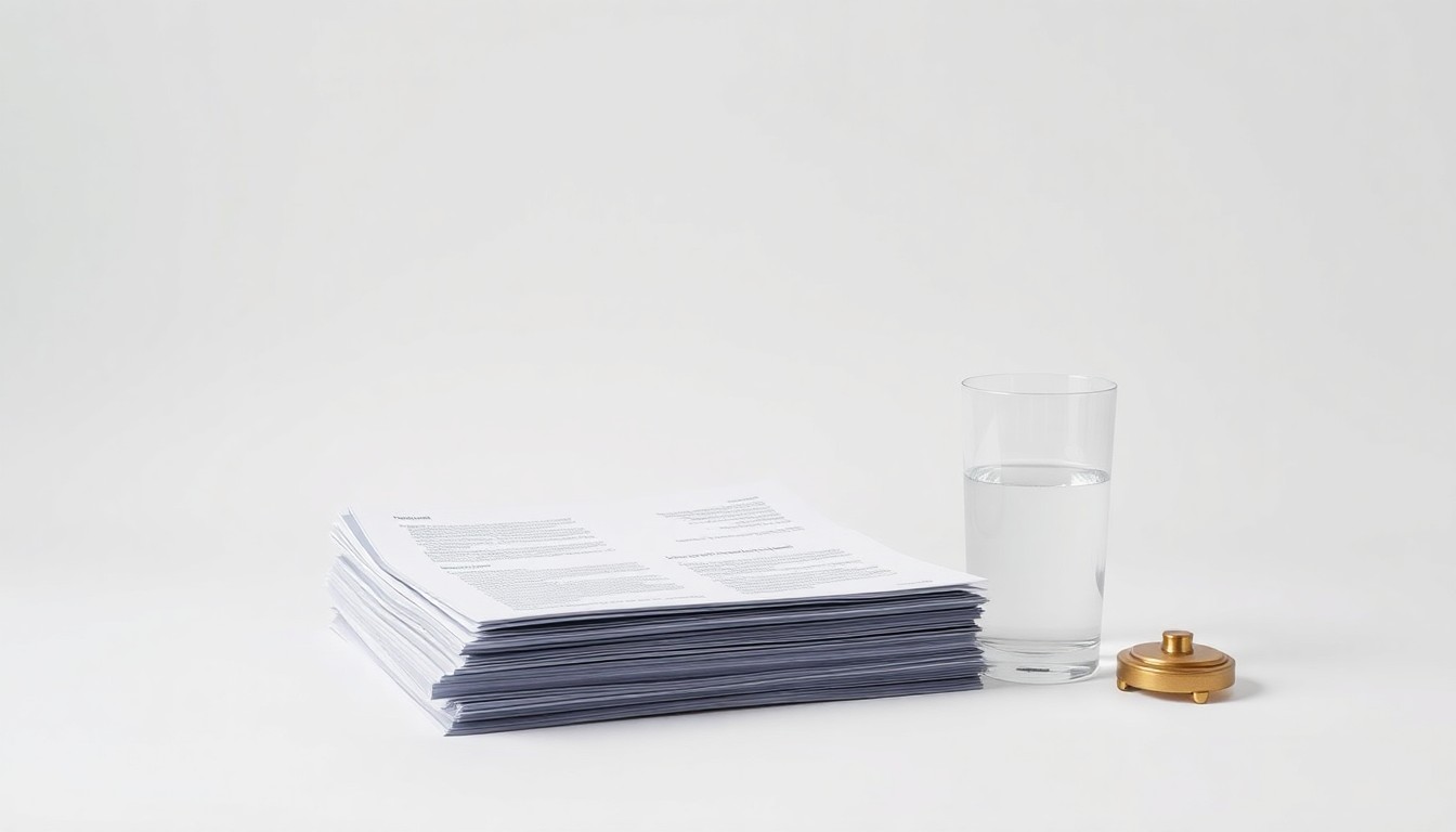 A minimalist studio still life photograph featuring a stack of financial reports, a brass paperweight, and a glass of water, symbolizing the precision and professionalism of Easterly Asset Management's sales approach.