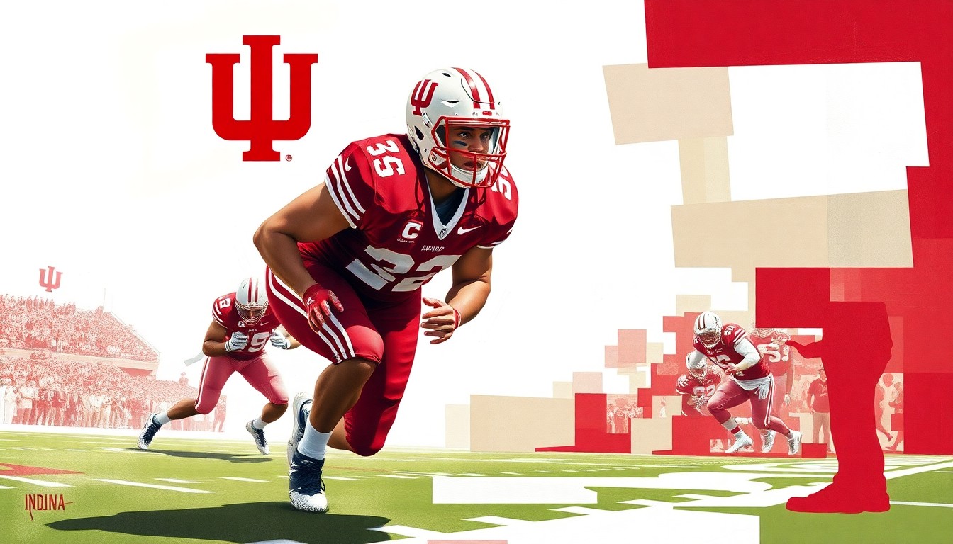 A fragmented, geometric painting depicting an offensive lineman in motion, with sharp planes of crimson red and cream white representing the Indiana Hoosiers' colors, conceptually illustrating the loss of a key player on the team's offensive line.