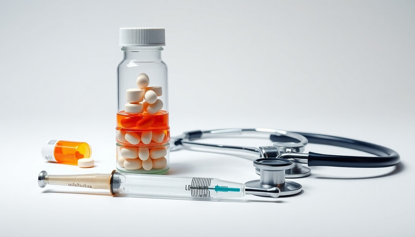 A photorealistic studio still-life featuring a stack of medical pill bottles, a syringe, and a stethoscope arranged elegantly on a clean, white background, conceptually representing issues of healthcare costs and pharmaceutical pricing.