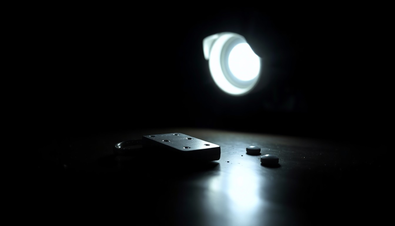 An extreme close-up photograph of a damaged security camera lens or a broken lock, lit by a harsh flash against a pitch-black background, conceptually representing the investigative efforts to uncover clues in the Nancy Guthrie disappearance case.