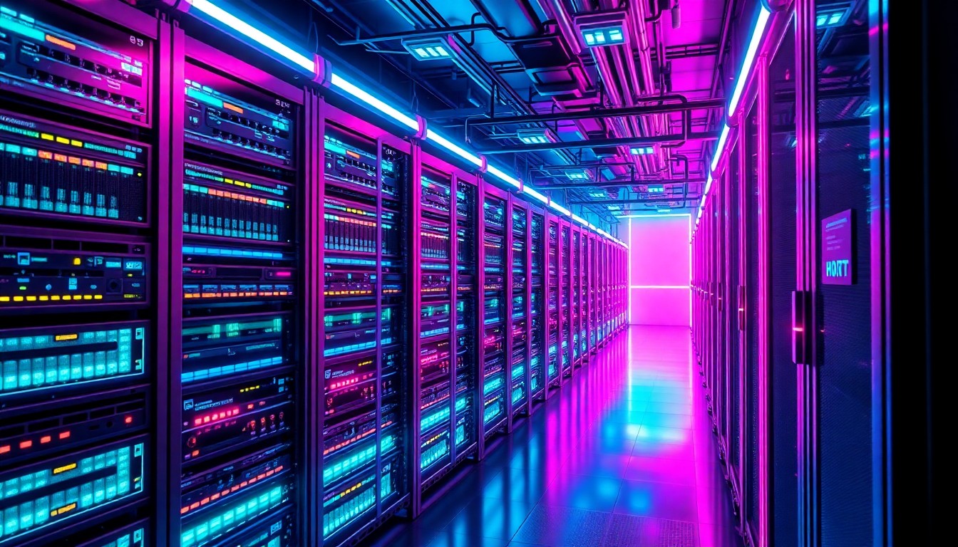 A highly detailed, glowing 3D illustration of a futuristic server rack or data center infrastructure, with neon cyan and magenta lights illuminating the various components, conceptually representing the advanced, interconnected technology powering critical digital systems.