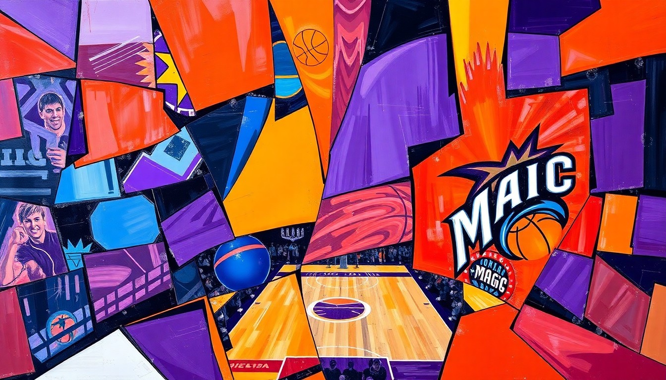 A fractured, multi-perspective painting in bold, contrasting colors that breaks down a basketball game into sharp, overlapping geometric shapes, conceptually representing the high-stakes clash between the Phoenix Suns and Orlando Magic.