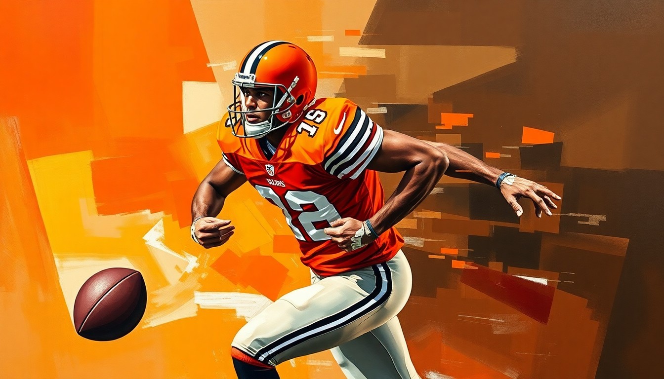A fragmented, cubist-style painting depicting a football player in motion, with sharp geometric planes in the Browns' team colors of orange and brown, conceptually representing the challenges the team has faced with Watson's ongoing injury struggles.