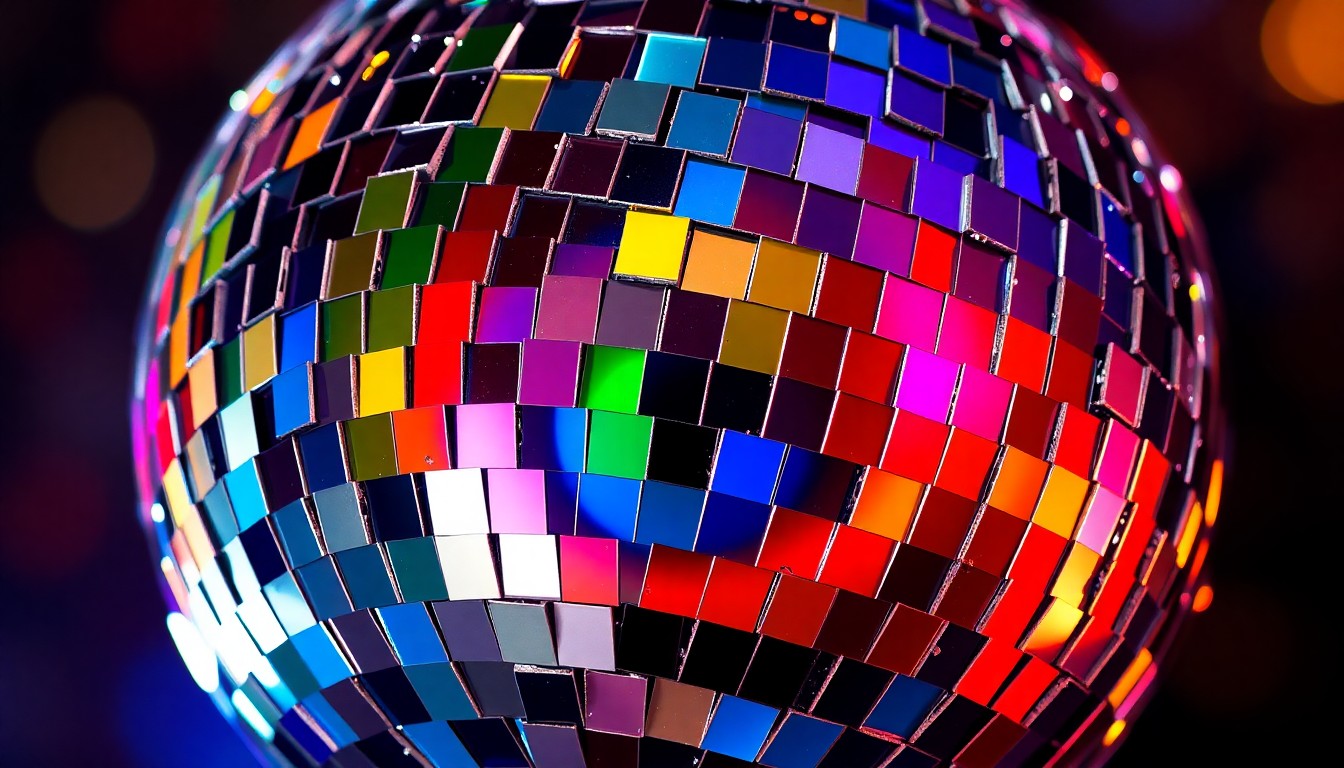 An extreme close-up photograph of a shattered disco ball reflecting a kaleidoscope of vibrant colors, conceptually representing the glitz and glamour of Elvis Presley's iconic style.