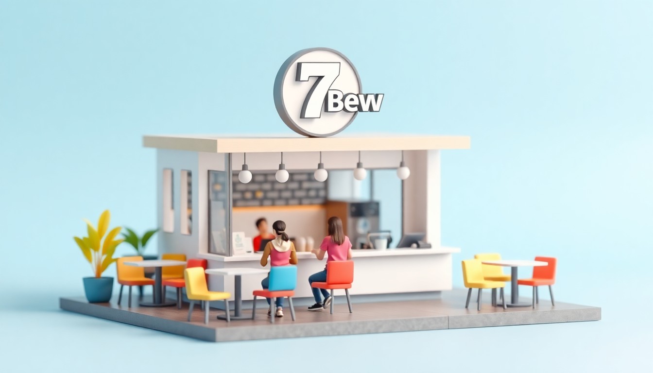 A miniature, stylized 3D diorama of a modern university campus coffee shop, with a 7 Brew logo sign, colorful seating, and students ordering at the counter, set against a pastel blue background with soft studio lighting, conceptually representing the arrival of a regional coffee chain on a college campus.