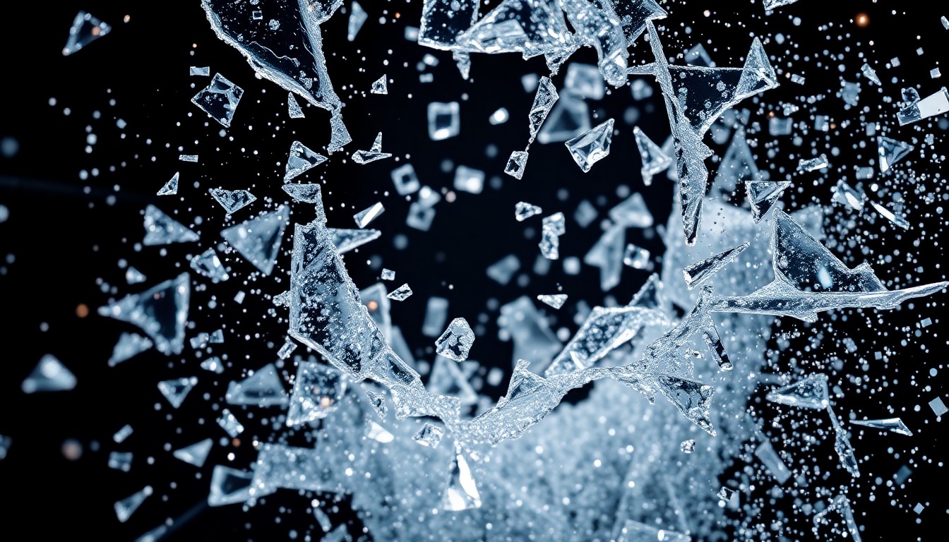 An abstract close-up photograph featuring a shattered glass surface reflecting bright lights, with glittering sequins and other high-end textures, conveying the high-stakes glamour and drama of reality television.