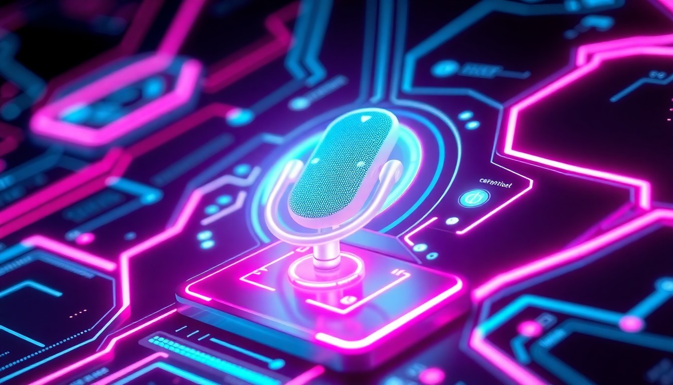 A highly detailed, glowing 3D illustration of a futuristic voice-controlled AI interface, with pulsing neon-cyan and magenta lights emanating from the digital components, conceptually representing the technological sophistication of Acclaim's voice AI platform.