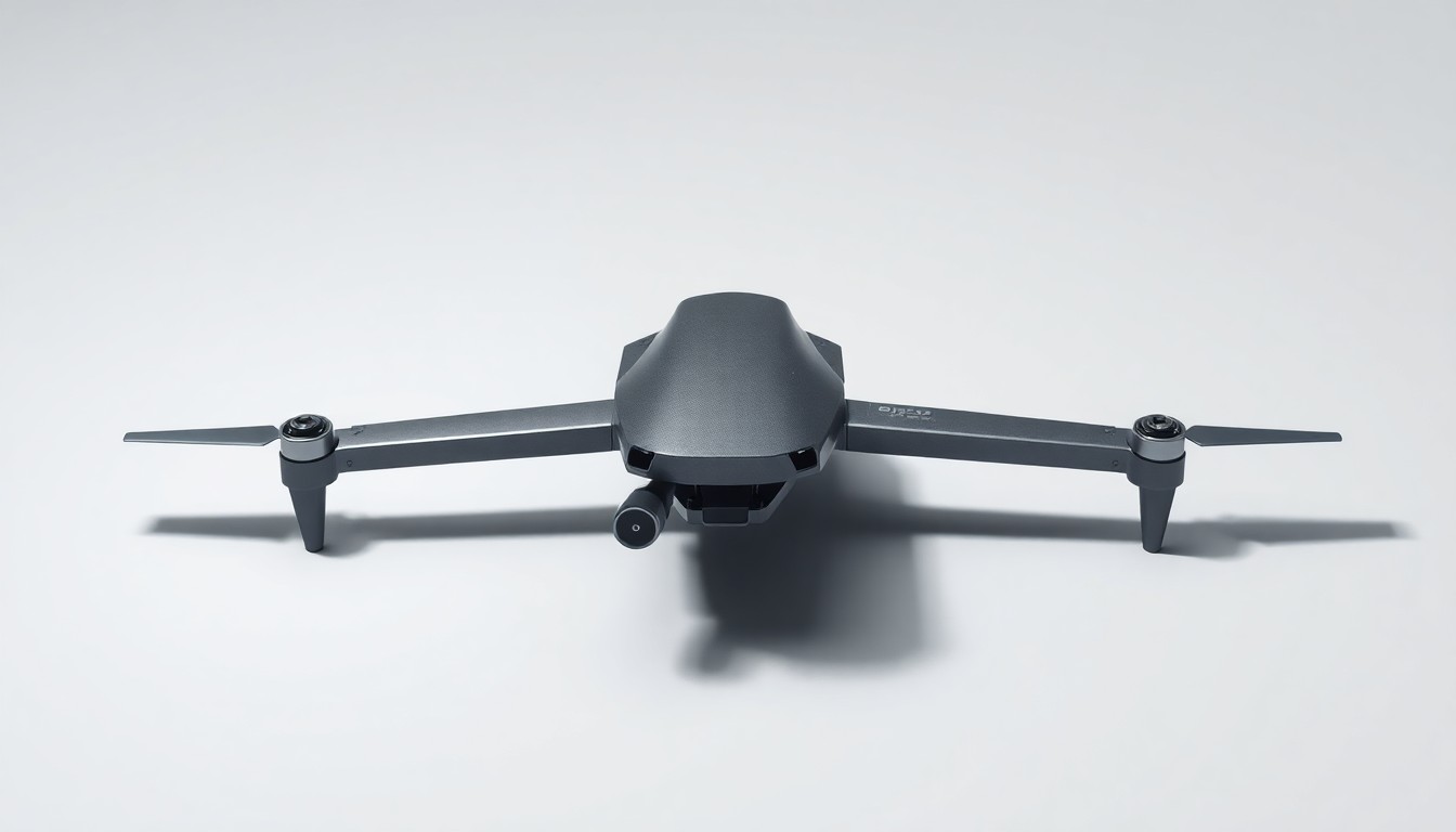 A close-up photograph of a metallic drone component or assembly tool floating on a clean, white background, dramatically lit to highlight the object's sleek, high-tech design.