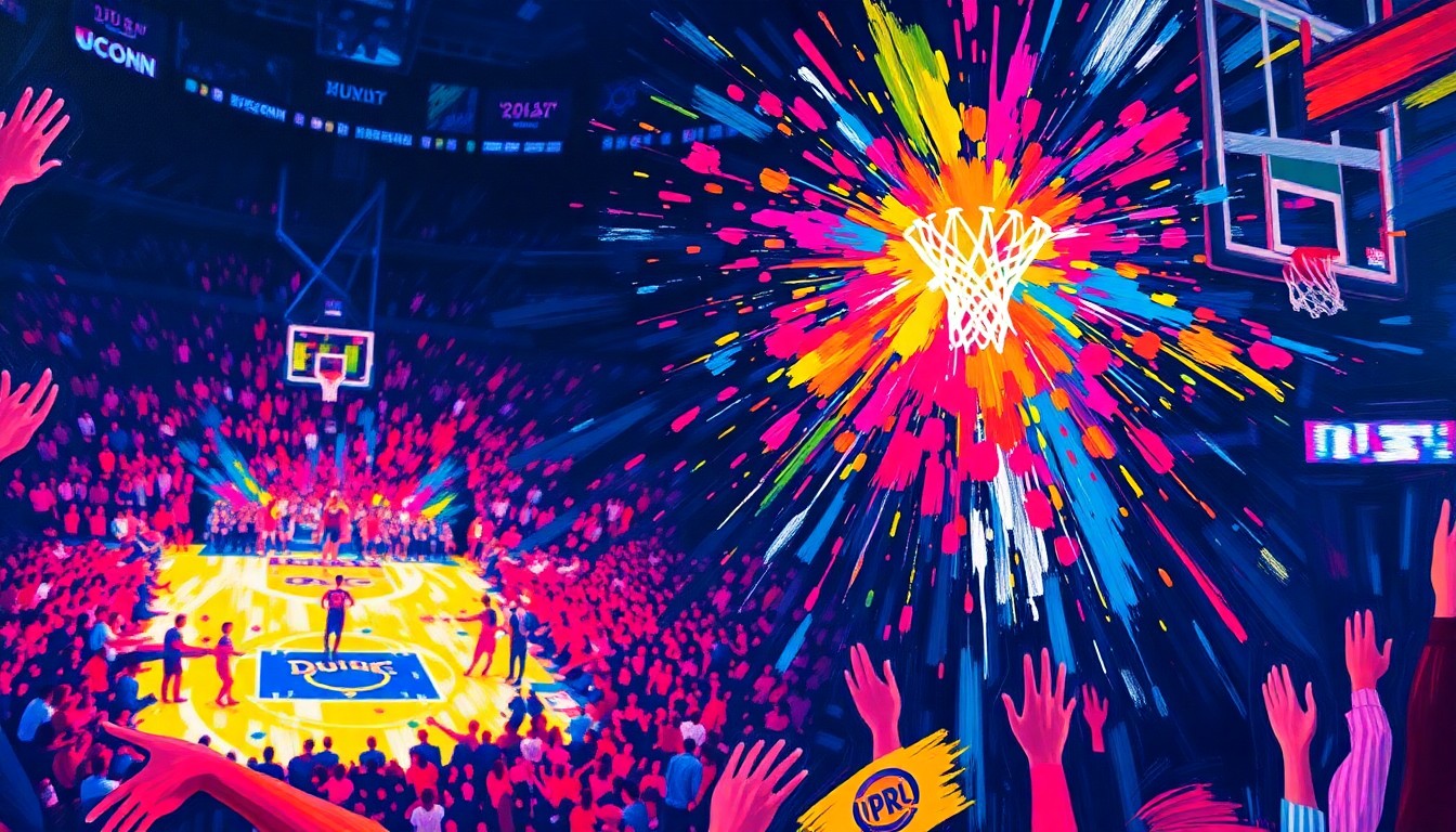 An abstract, expressionist painting in neon colors depicting the raw energy and excitement of the final moments of a basketball game, with the ball and players' movements dissolving into vibrant, unrecognizable brushstrokes.