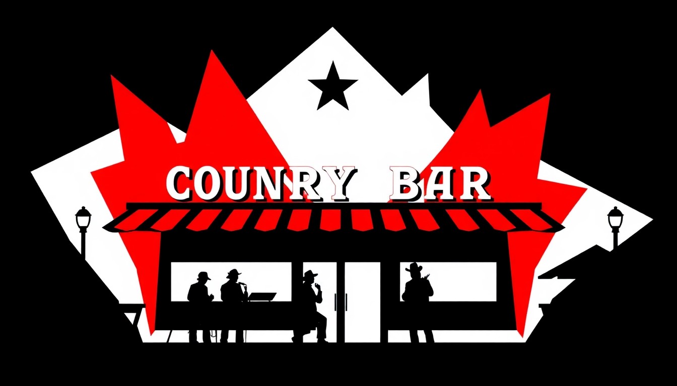 A bold, abstract illustration featuring stark black silhouettes and geometric shapes in high-contrast red and white, conceptually representing the opening of a new country music-themed bar in Gatlinburg, Tennessee.