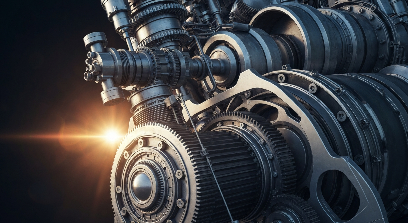 An extreme close-up of the complex, metallic components of a powerful rocket engine, conveying the industrial scale and technological sophistication of the modern space industry.
