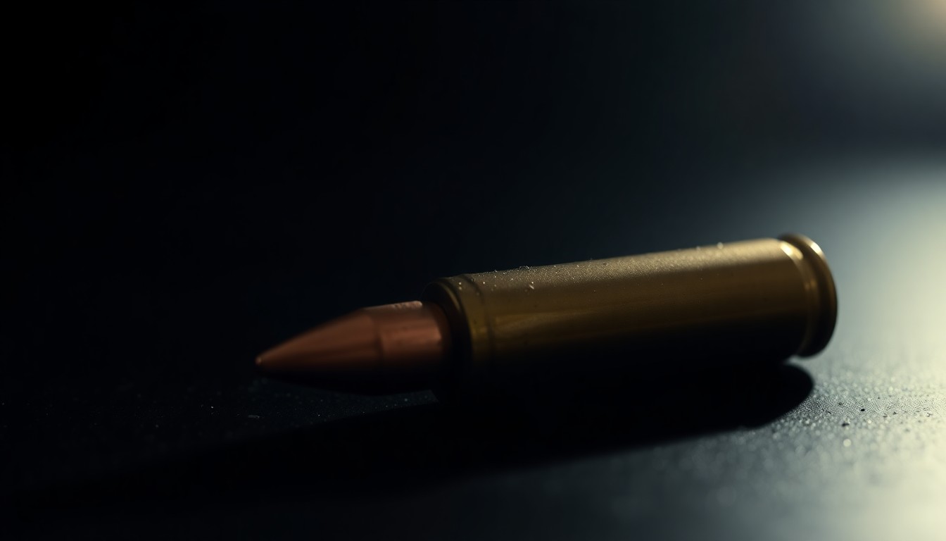 An extreme close-up photograph of a single, unidentified bullet casing on a dark surface, lit by a harsh, direct camera flash, conceptually representing evidence from a reported incident of gunfire.