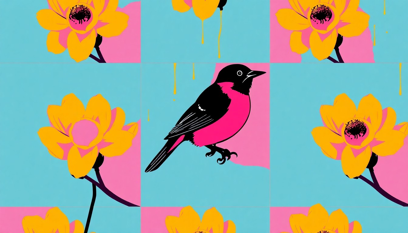 A high-contrast, silkscreen-style illustration featuring a repeating grid of a single springtime object, such as a blooming flower or bird, rendered in a bold, neon color palette with heavy black outlines, conveying the energy and optimism of the changing seasons.