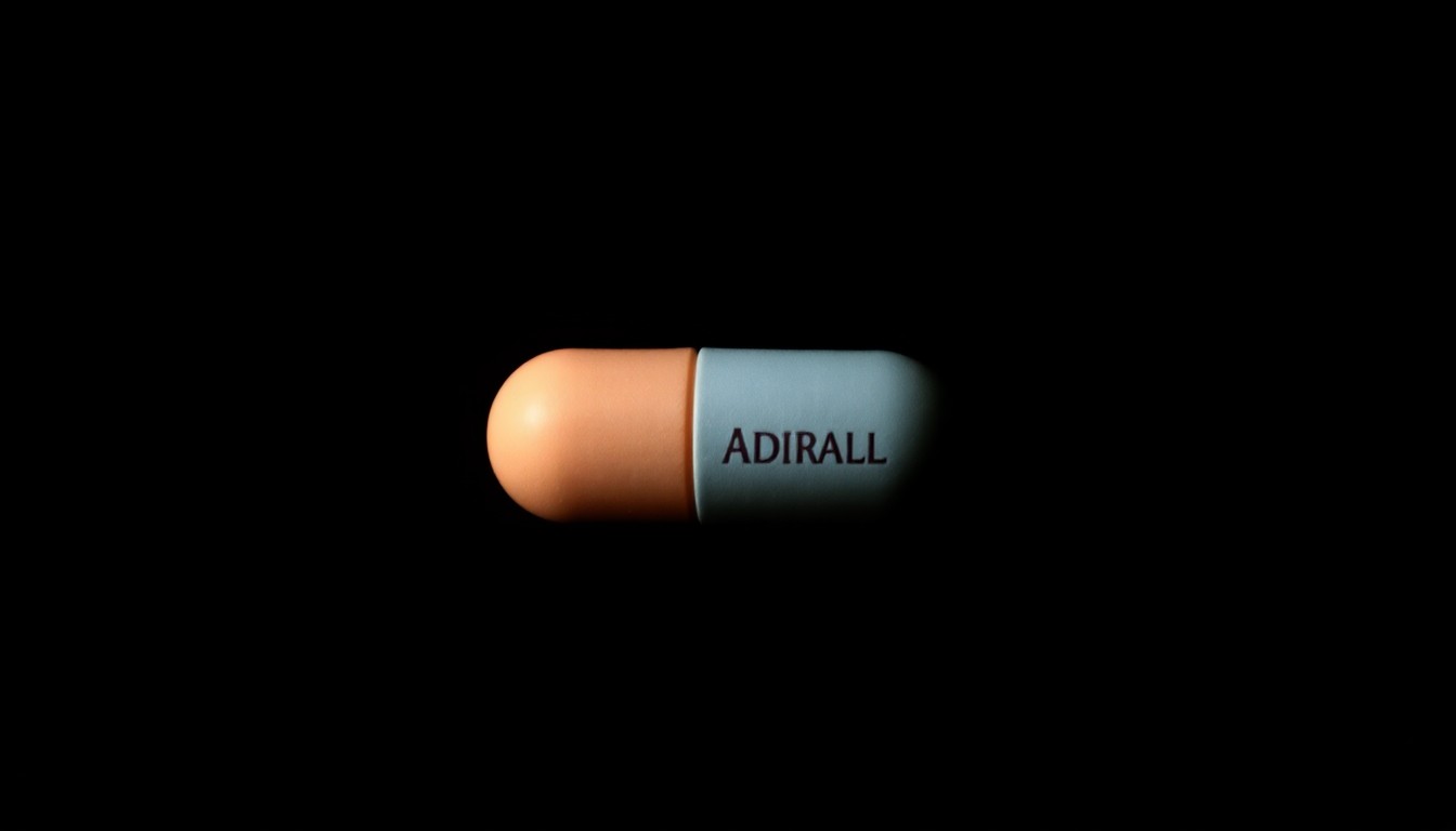 An extreme close-up photograph of a single Adderall pill against a pitch-black background, lit by a harsh, direct camera flash, creating a stark, gritty, investigative aesthetic.