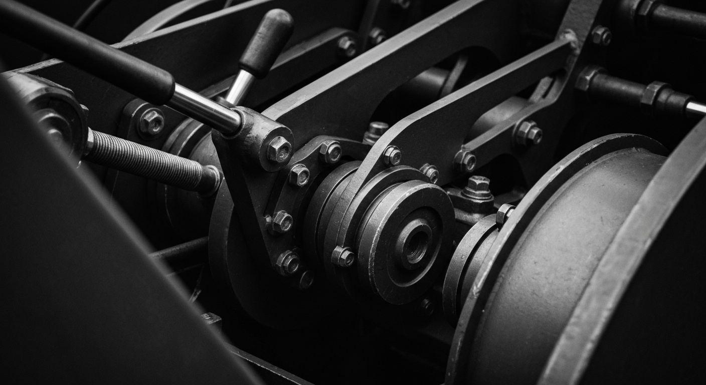 A highly detailed, cinematic close-up of heavy, industrial banking machinery in shiny metallic tones, conveying a sense of financial security and institutional power.