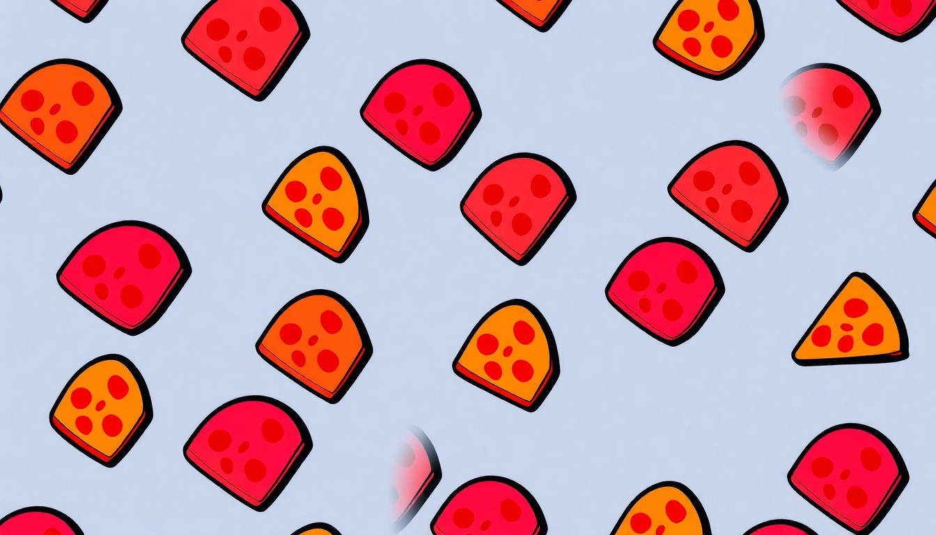 A highly stylized, vibrant silkscreen print featuring a repeated pattern of a single pizza cookie hybrid object in neon colors and bold black outlines, conceptually representing the creative fusion of two local food businesses.