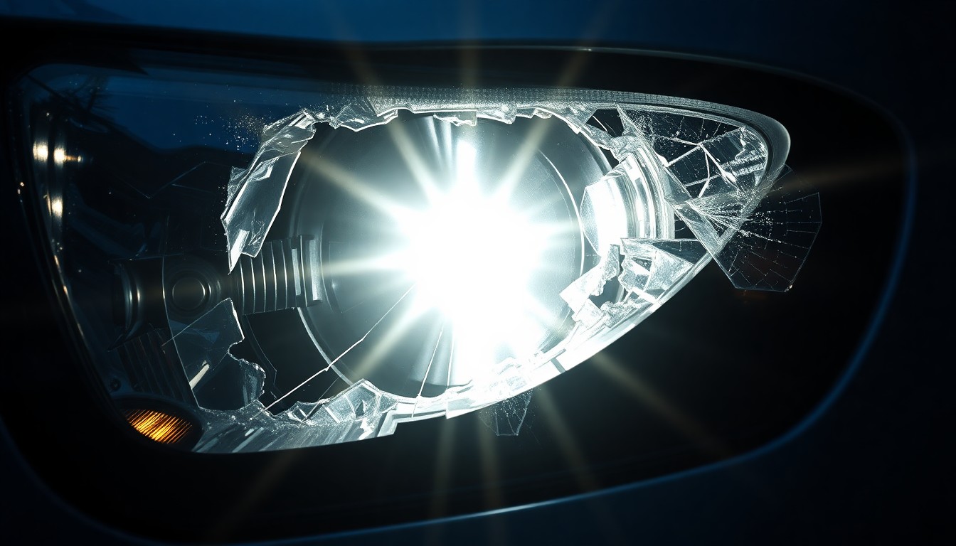 An extreme close-up photograph of a damaged car headlight lens, shattered and reflecting a harsh flash of light, conceptually illustrating the aftermath of a high-speed police chase and vehicle crash.
