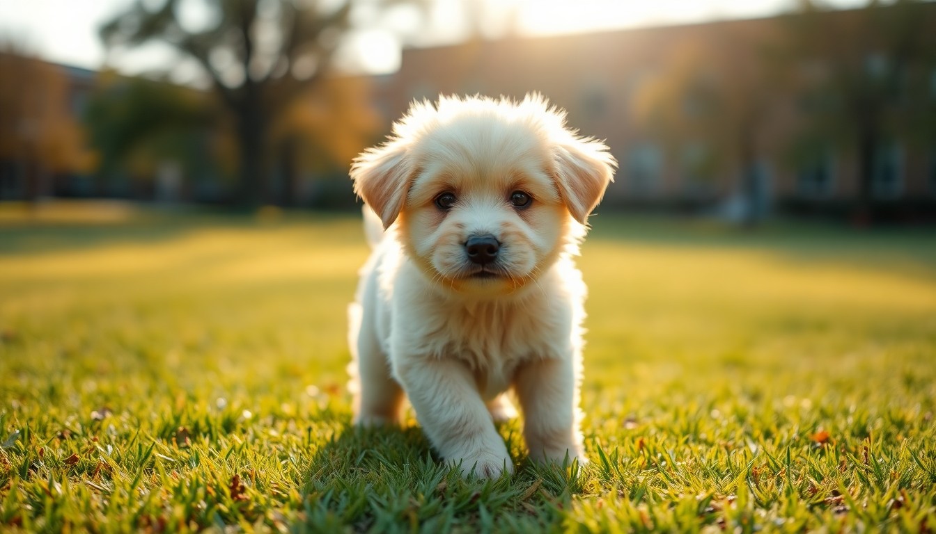 An extremely abstracted, out-of-focus photograph of a playful puppy in a grassy campus setting, with soft pools of warm light and blurred foliage in the background, conceptually representing the calming presence of an animal companion on a college campus.